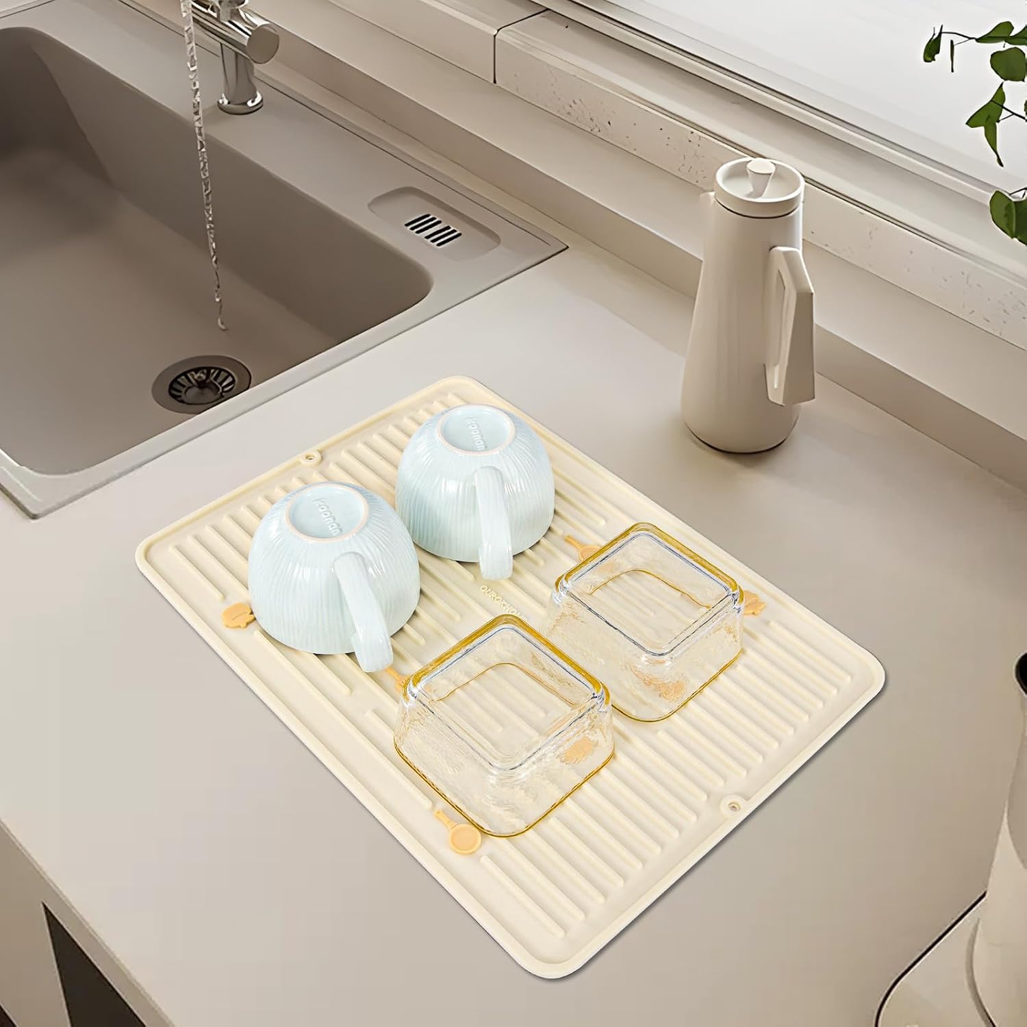 Ourokhome Dish Drying Mat for Kitchen Counter, Slip Resistant Dish Mat, Thickening, Folding, Quick Dry, Heat Resistant Sink Mats, Fits Under Rack, Refrigerator or Drawer liner 12x16 White