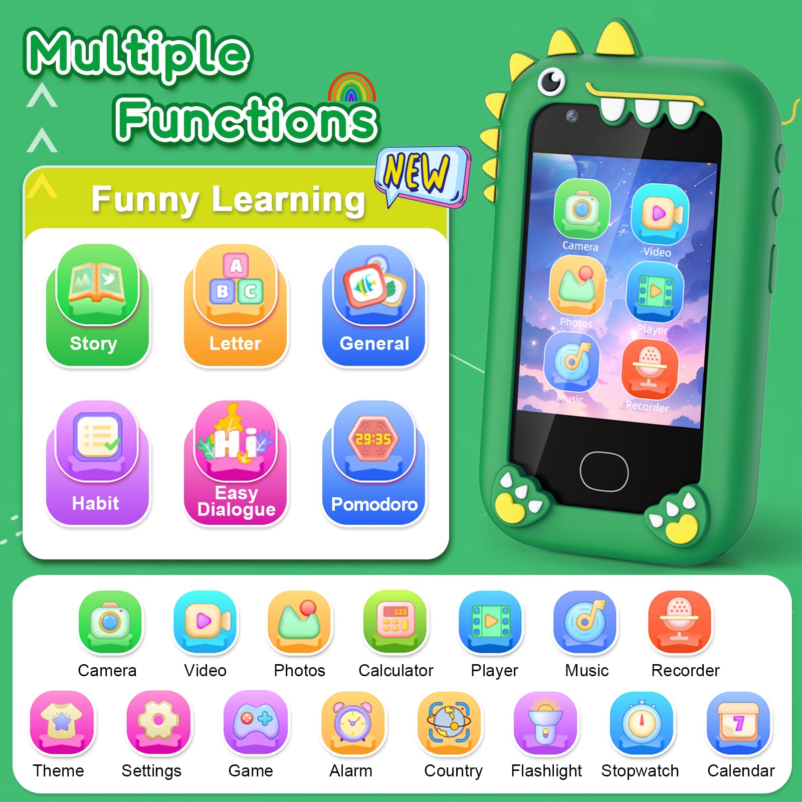Teléfono inteligente para niños – Teléfonos para niños de 3 a 10 años, pantalla táctil HD de 2.8 pulgadas, cámara dual HD, regalo de cumpleaños de Navidad, juguete de dinosaurio, tarjeta SD de 2