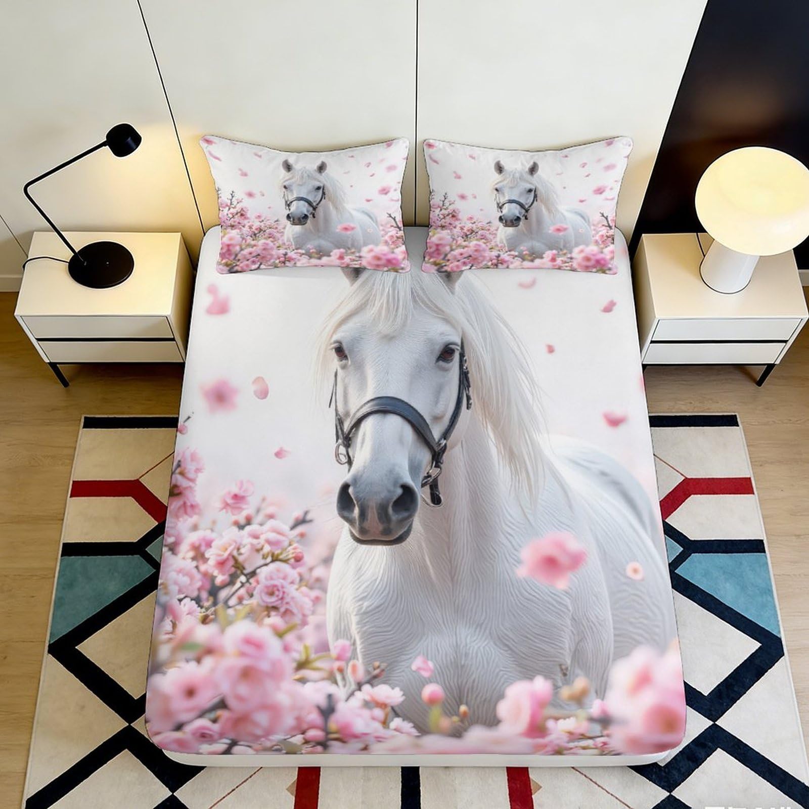 3D Printed Sakura Horse Fitted Sheet Microfiber Non-Slip Full Wrap Bedroom Bedding Sakura Horse Mattress Fitted Cover Deep Pocket for All Ages 160x200x25cm