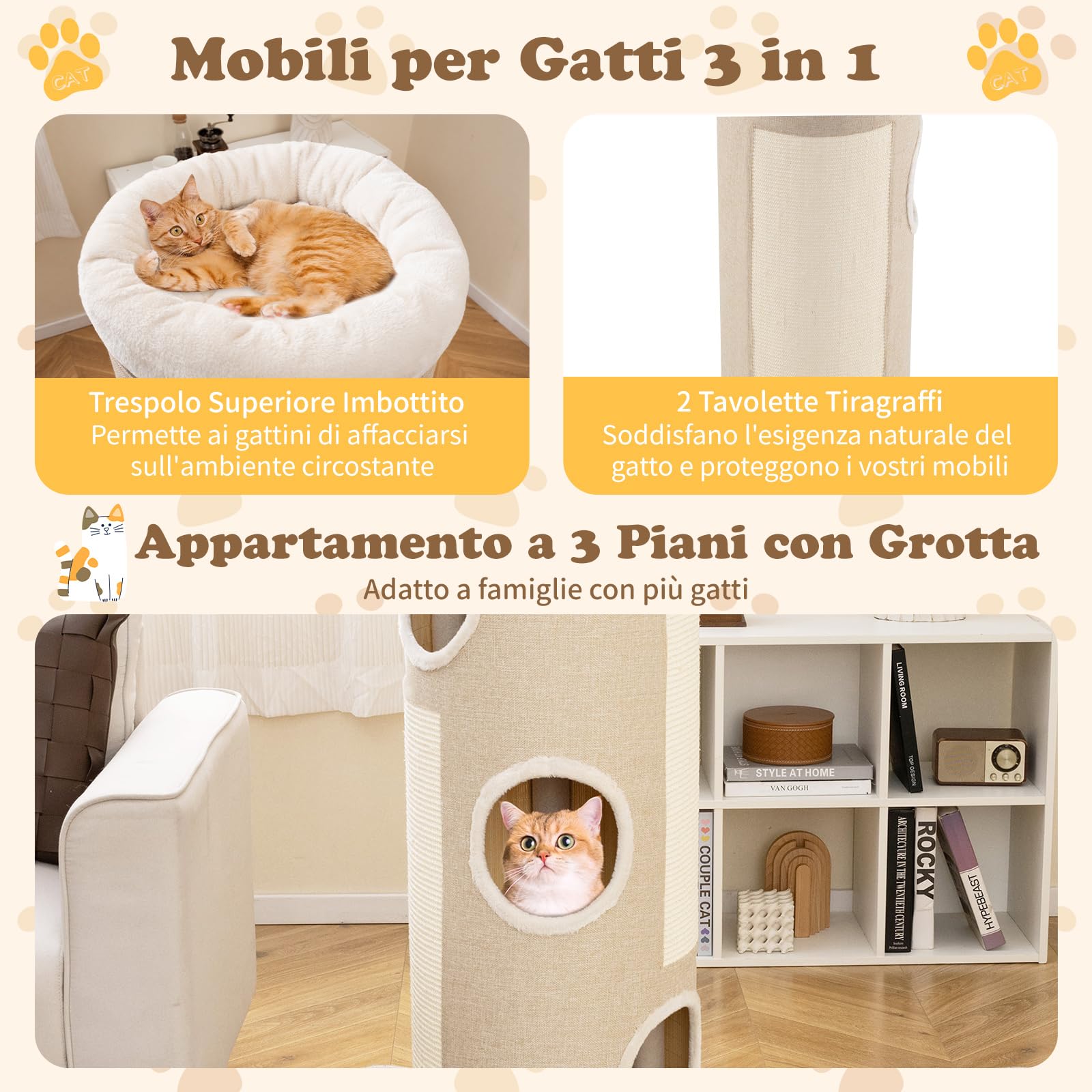 GYMAX Albero per Gatti a Forma di Barile, Casa a Più Livelli con 3 Ingressi e Letto in Pile Rimovibile, Torre da Interno con Copertura Rimovibile e Tiragraffi, per Gatti Adulti e Gattini, Beige