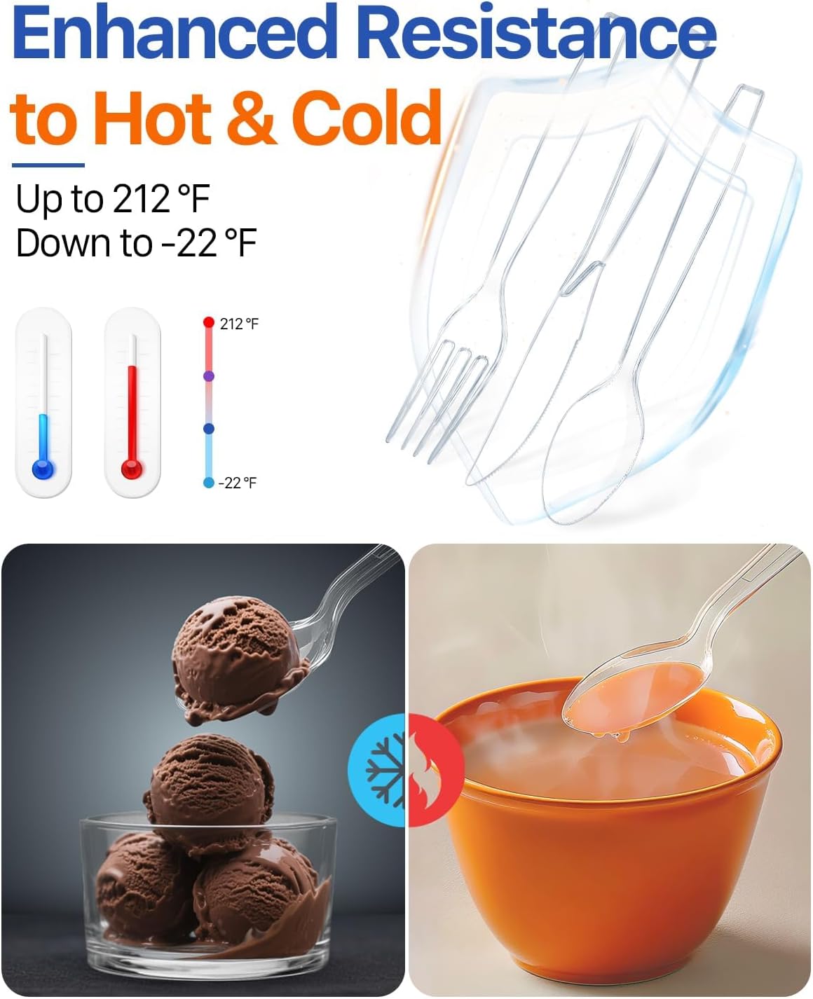 Heavy Duty Plastic Silverware, Heat Resistant Disposable Cutlery, Clear Plastic Utensils, Bulk Forks Spoons and Knives set, 500 Count