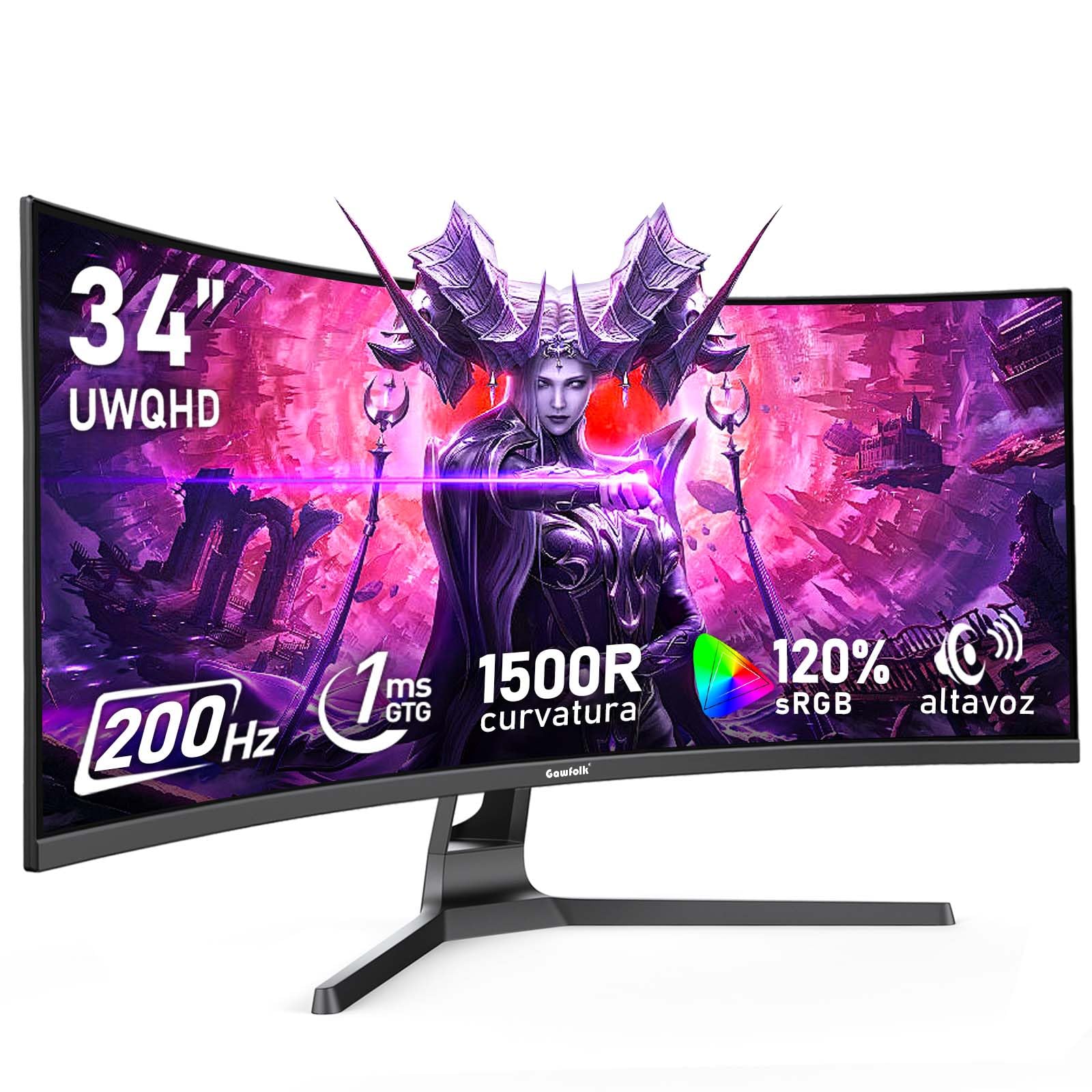 Gawfolk Monitor para Juegos Curvo Ultrawide 34 Pulgadas (200Hz, UWQHD 3440x1440) - 1500R, 120% sRGB, Adaptive Sync, Altavoces Integrados, HDMI/Display Port, Compatible con Montaje en Pared, Negro