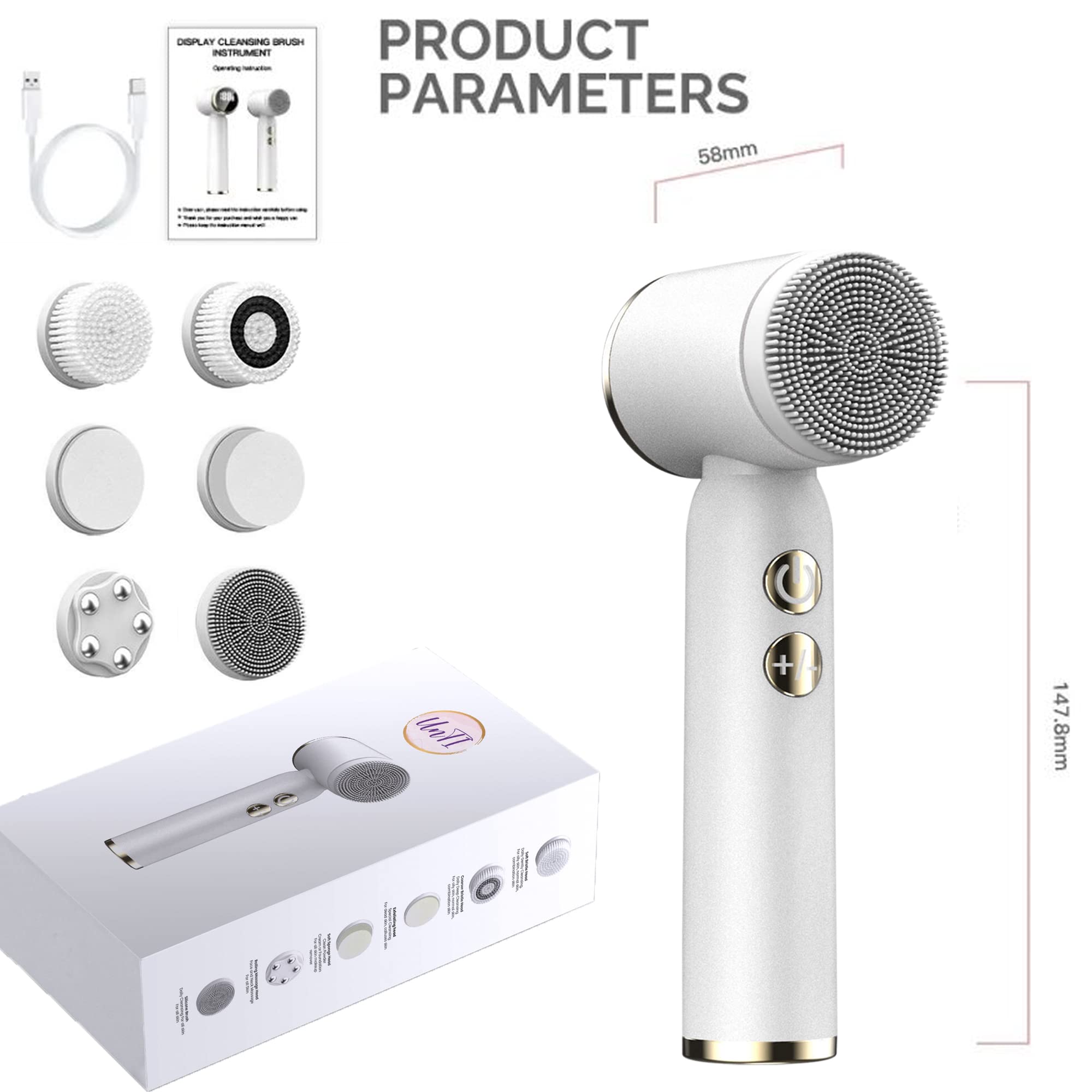 UnTI Juego de cepillos de limpieza facial LED eléctricos 6 en 1, recargable, impermeable, portátil, limpiador facial blanco y exfoliante, adecuado para pieles sensibles, secas y grasas, mujeres y