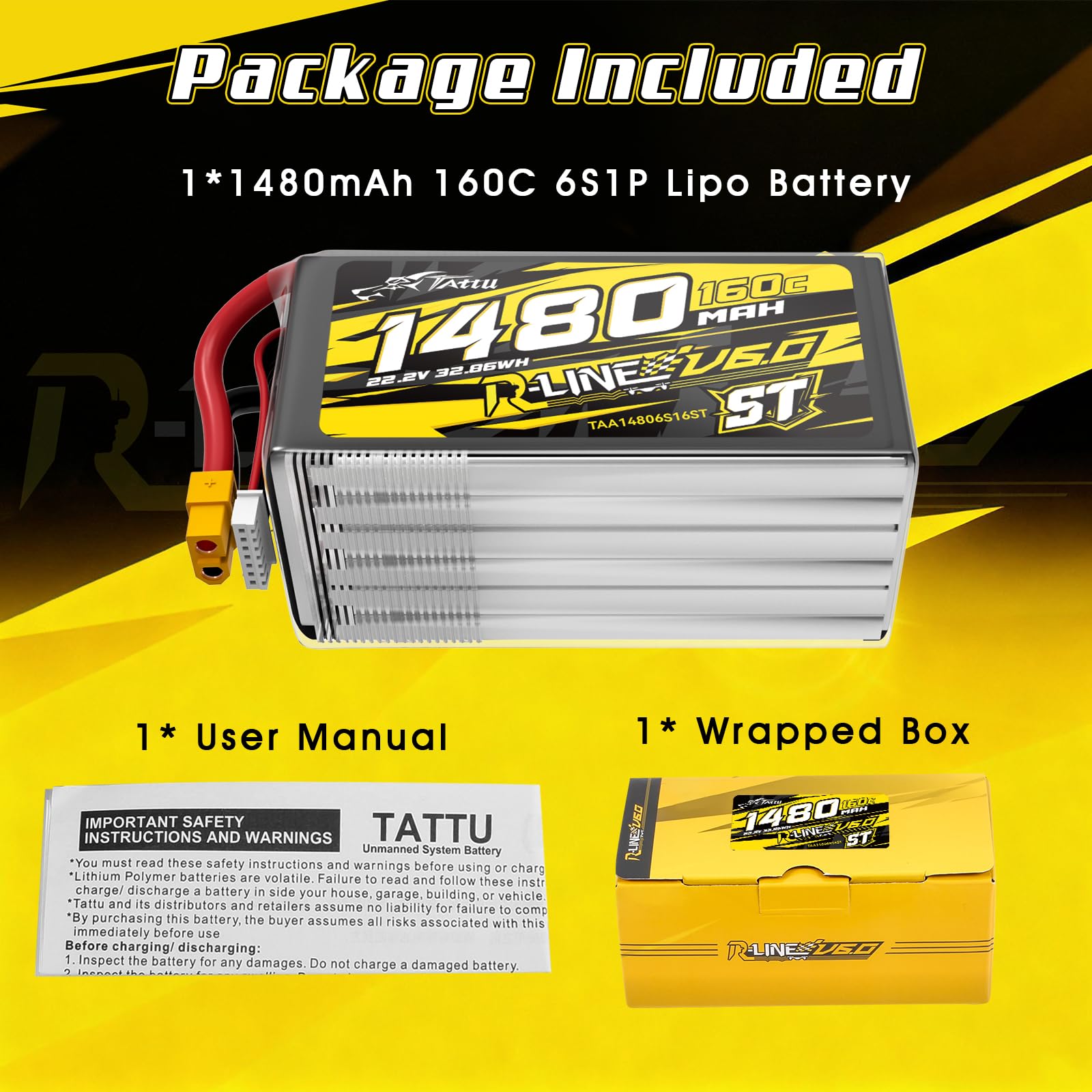 Tattu 6S 1480mAh R-Line V6 22.2V 160C Batería LiPo con XT60 – Versión ST – Batería de Alto Rendimiento para Drones FPV Racing y Freestyle
