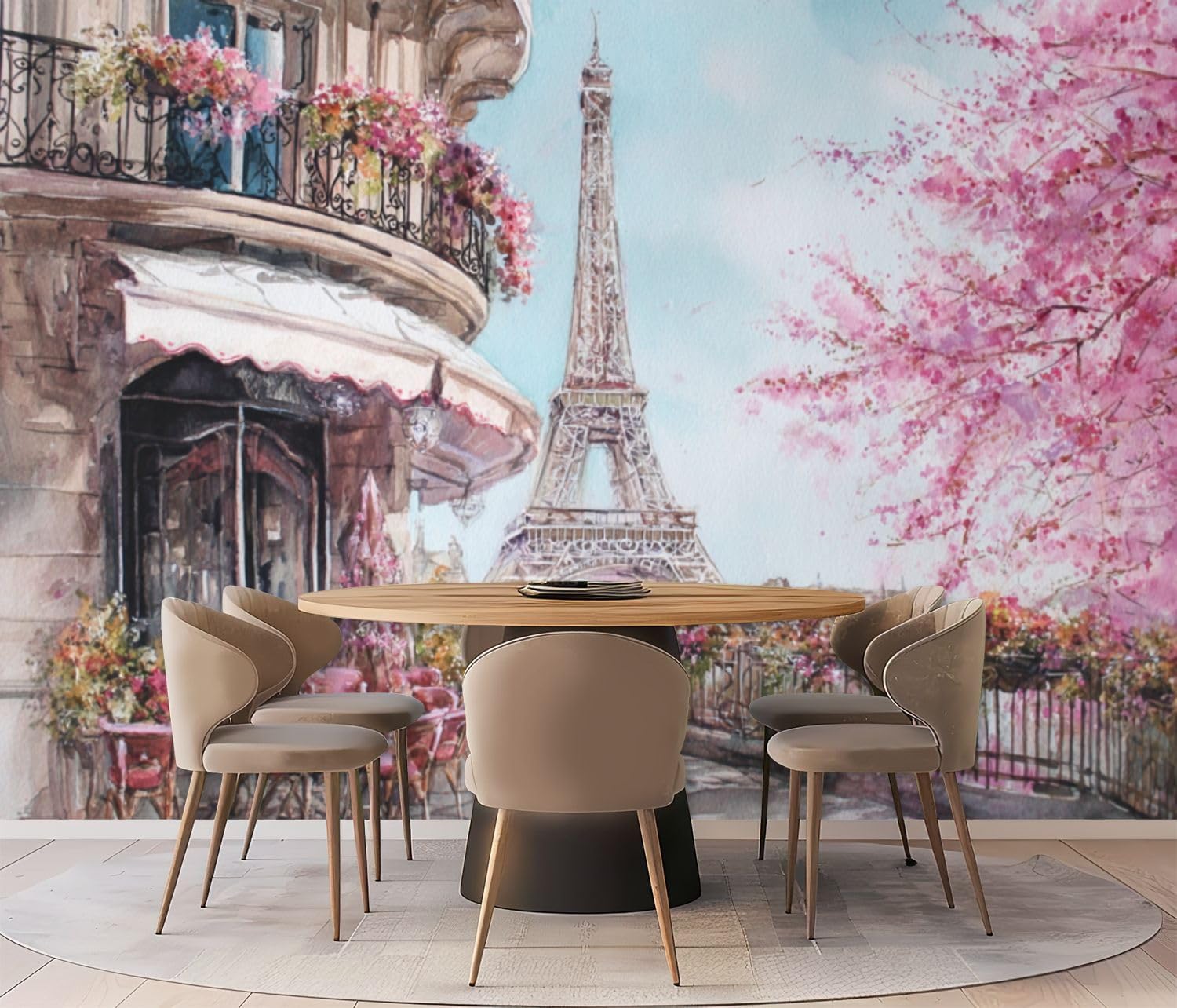 Wall Mural Peel & Stick Oil Painting Summer Cafe Paris Gentle City Landscape View from Self-Adhesive Wallpaper Removable Wall Decal Wall Sticker Home Decor for Living Room Bedroom 100"x144"