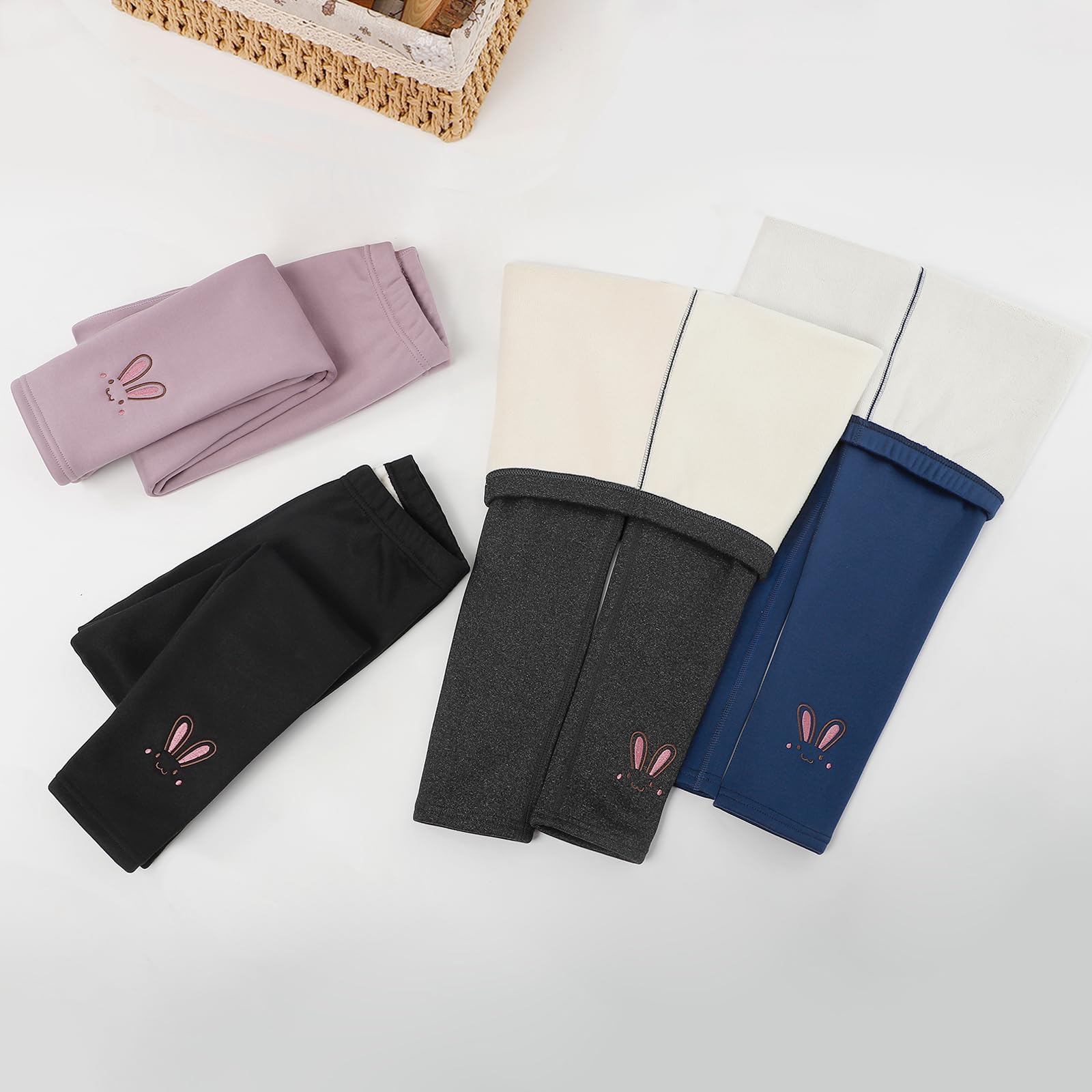MASOCIO Lot de 2 Legging Polaire Chaud Fille Pantalon Thermique Enfants Broderie de Lapin 4-13 Ans