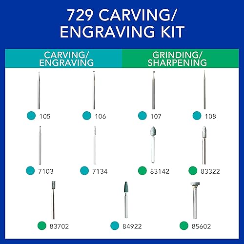 Vista 3 de Dremel 729-01 Kit de accesorios para herramientas rotativas de tallado y grabado de 11 piezas, incluye brocas de grabado y piedras de molienda