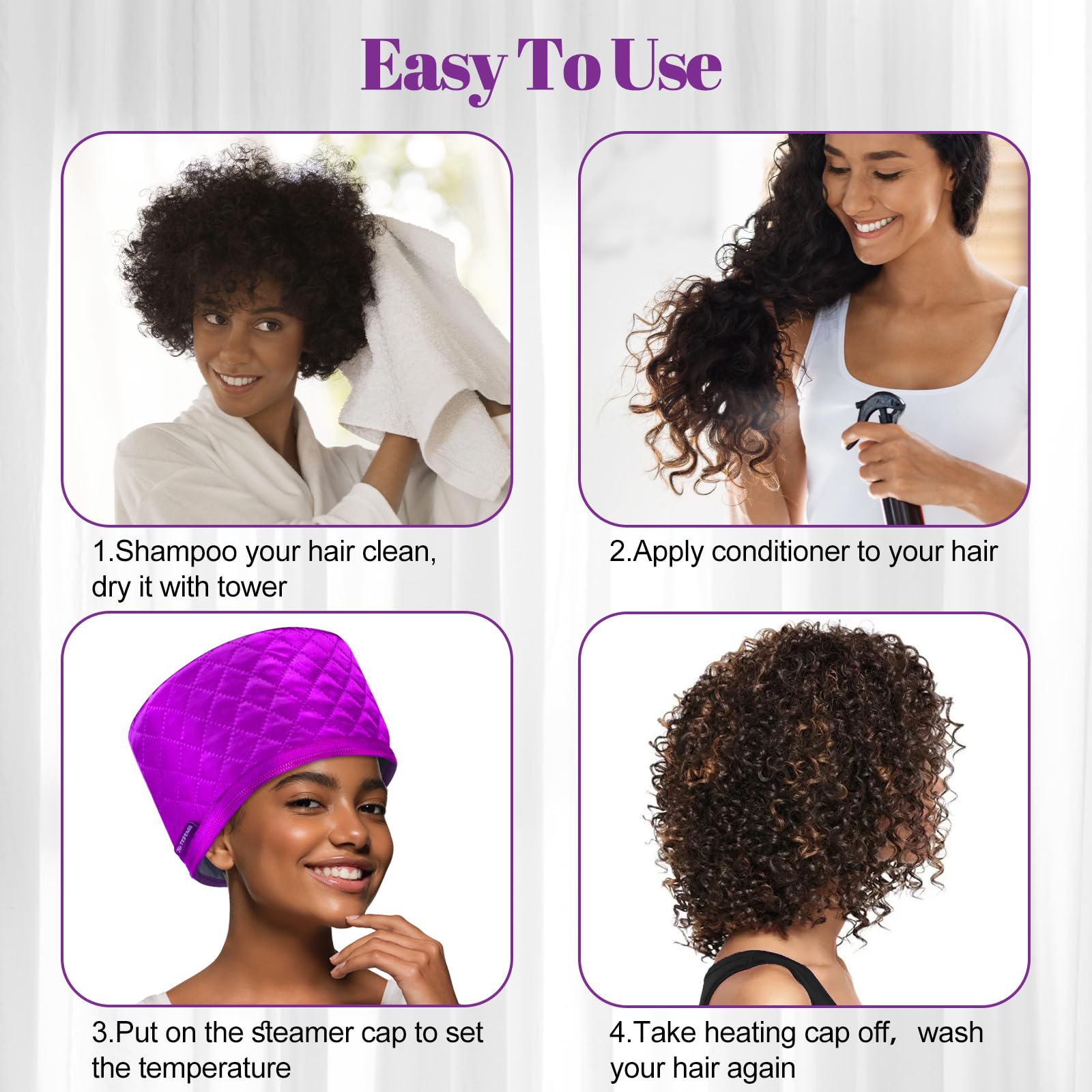 Cuffia termica aggiornata per condizionamento - Vaporizzatore elettrico per capelli afro naturali, cuffia termica portatile per uso domestico (viola)