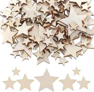 Wooden Stars for Crafts,100 PCS Unfinished Wood Crafts 5 Sizes Blank Wooden Star Cutouts Natural Wood Small Stars Cutouts Ornaments for Christmas Craft and Party Ornaments Decoration Painting