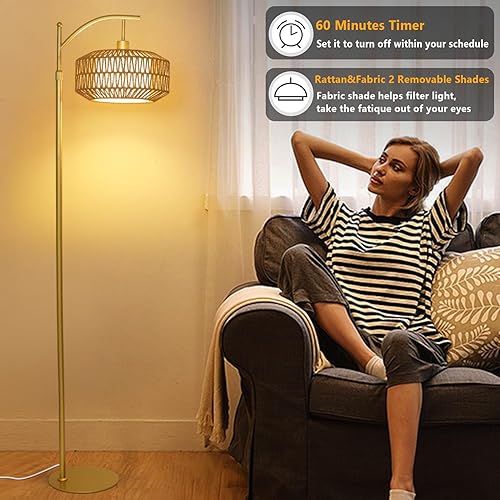 Miniatura 4 de Lámpara de pie Arc Gold con control remoto y bombilla LED, lámparas de pie regulables para sala de estar con pantallas de ratán y tela, lámpara alta