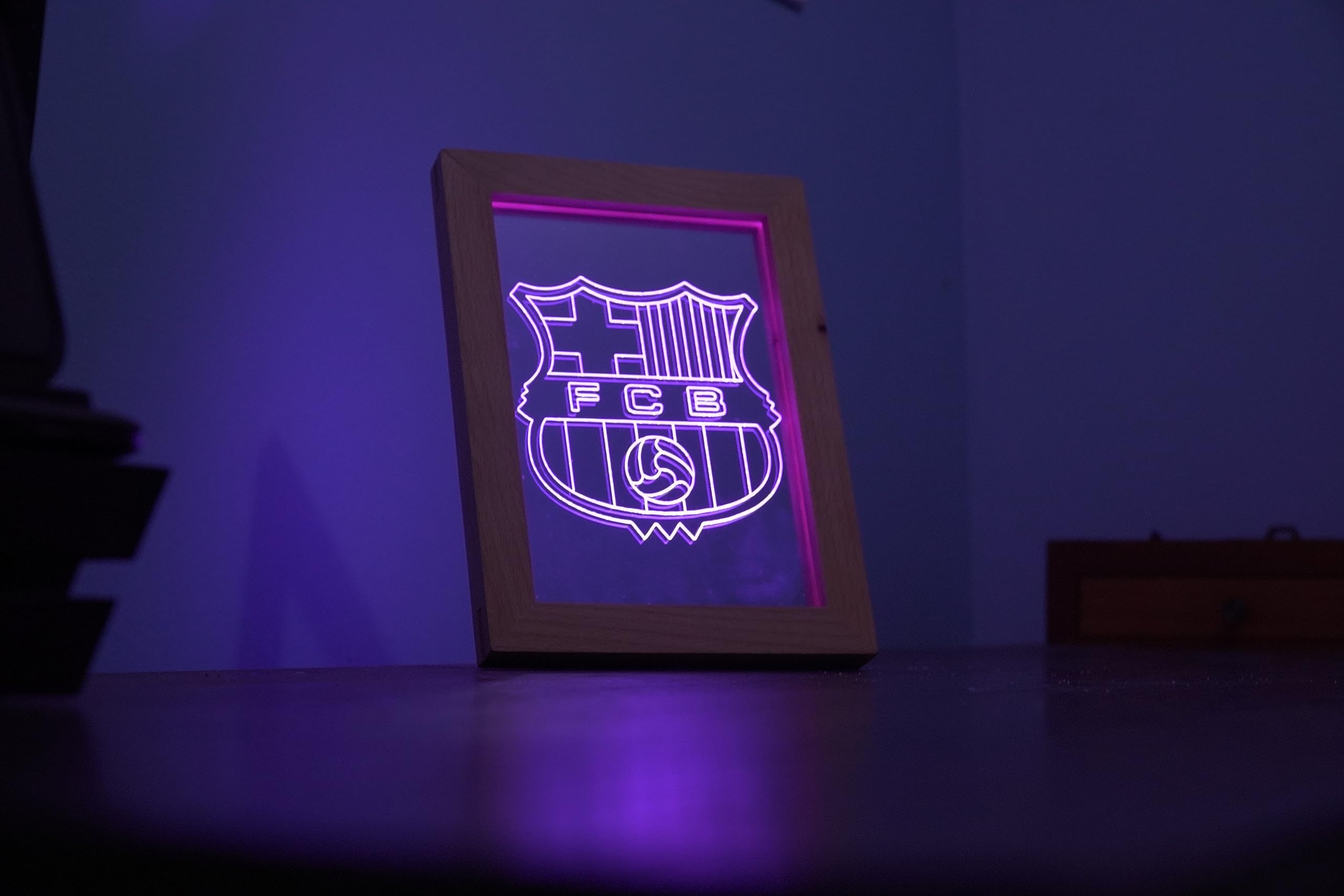 FCB LED Night Light Acrylic Engraved Wooden Picture Frame Desk Lamp Cool Nightlight Gift for Friends or Family, Energy Saving, Remote Controlled, Barcelona.