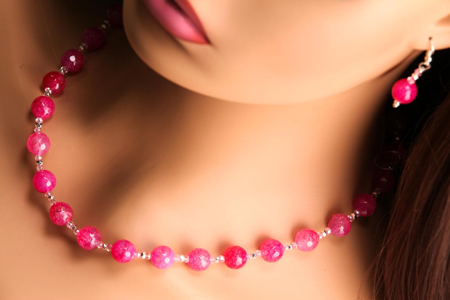 Pink Fire Agate 10mm Faceted Silver Spacer Beaded Necklace matching Silver Earrings Jewelry Set. Valentine's girlfriend gift