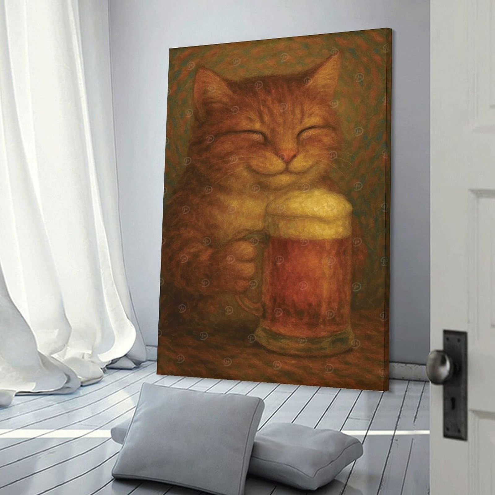 Junmoney Frame-Style-14-1 Happy Cat With Beer Mug Canvas Wall Decor, 16X24inch(40X60cm), For Gallery Wall Decor And Room Displays, Wall Decor Suited To Curated Displays