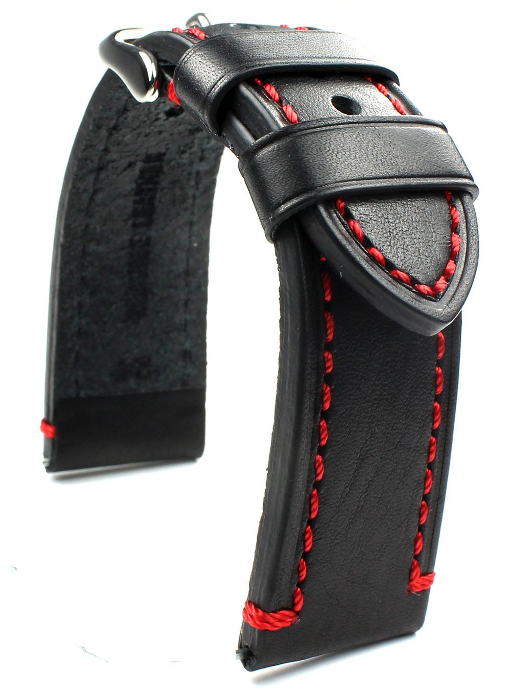 Sulla 24mm Herren Leder Retro Pilot Uhrenarmband Catalonia Schwarz rote Naht