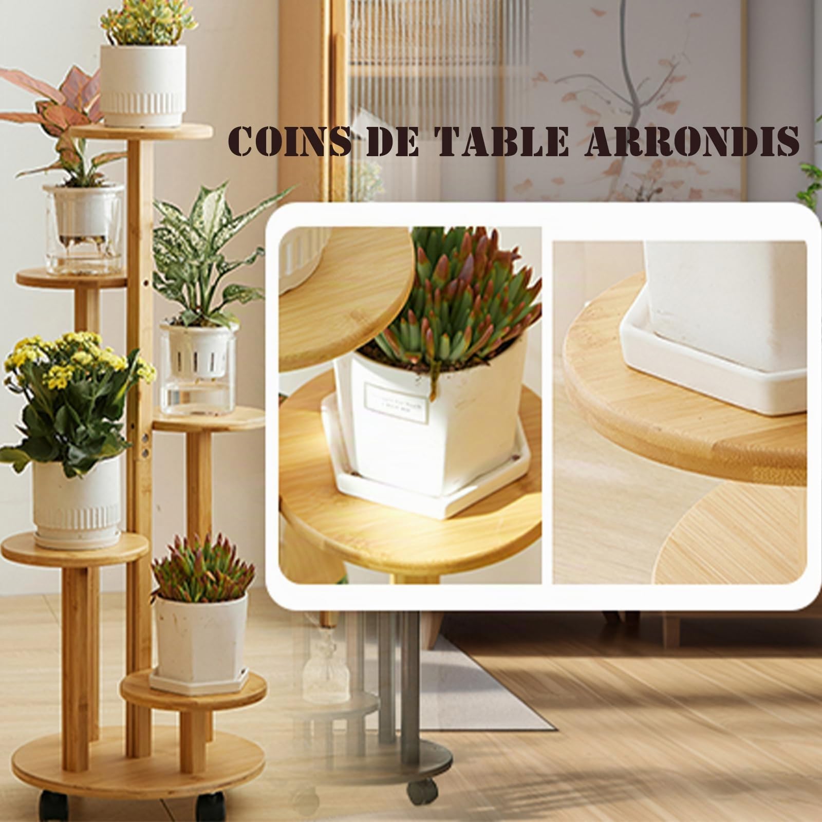 Support de plantes d'intérieur à roulettes, 5 niveaux en bambou pour plantes d'intérieur, Support pour plantes, Diamètre du châssis : 33 cm（Couleur bois）