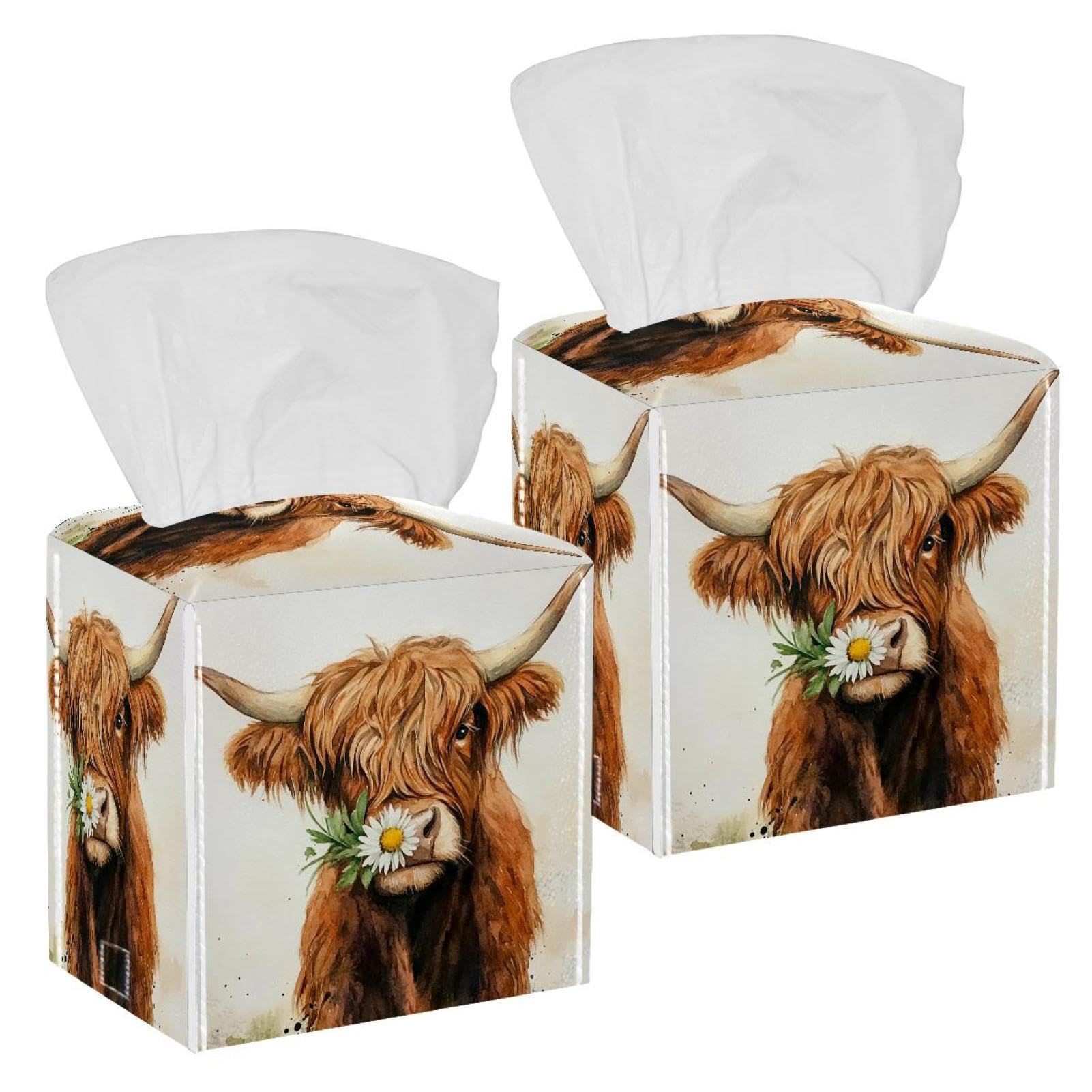 Watercolor Cow Tissue Box Cover, 2 Pack PU Leather Square Facial Tissue Dispenser Box holder for Home Office Car