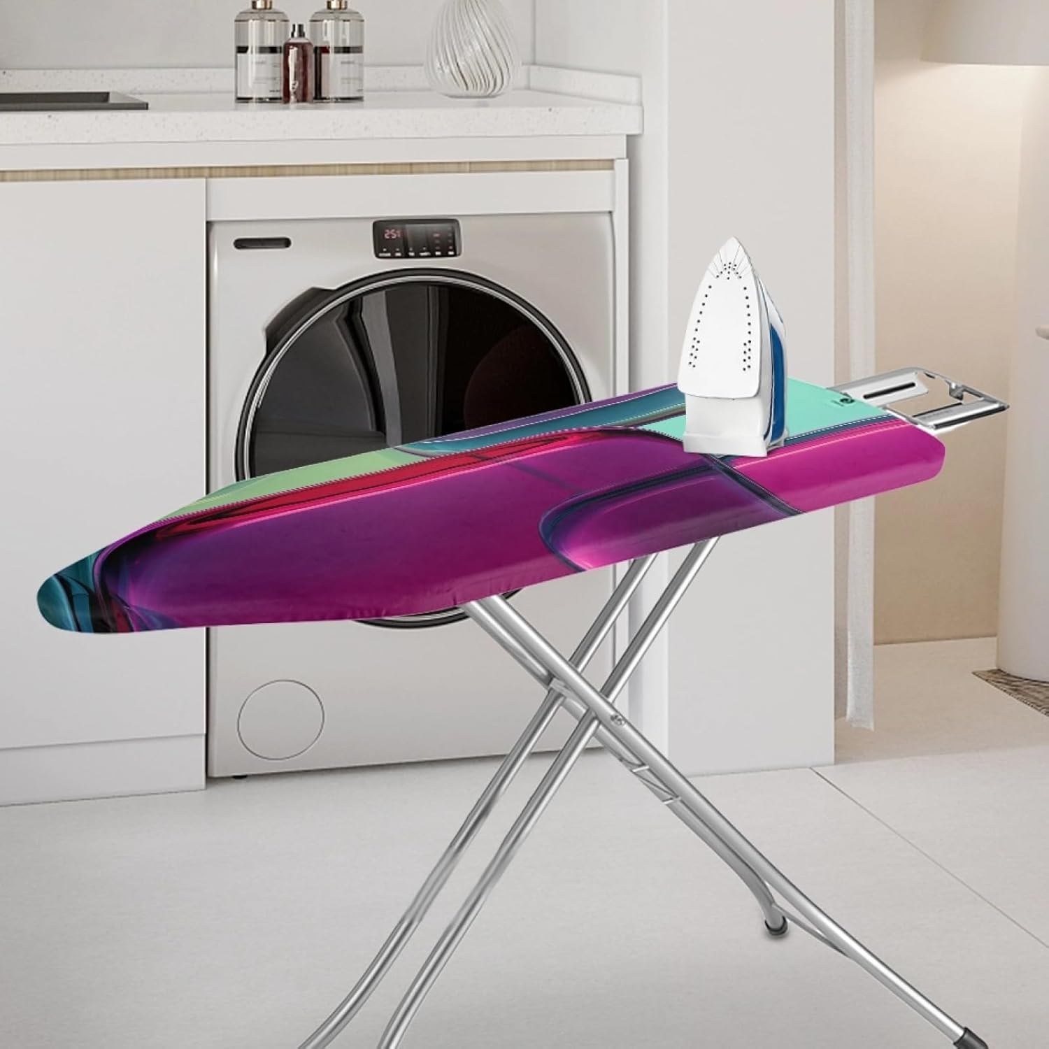 Large Ironing Board Cover and Pad 59x19 Purple Green Iron Table Cover with Padding,Extra Wide,Resist Scorching and Staining,Heatproof,Adjustable Fastener Durable Stain