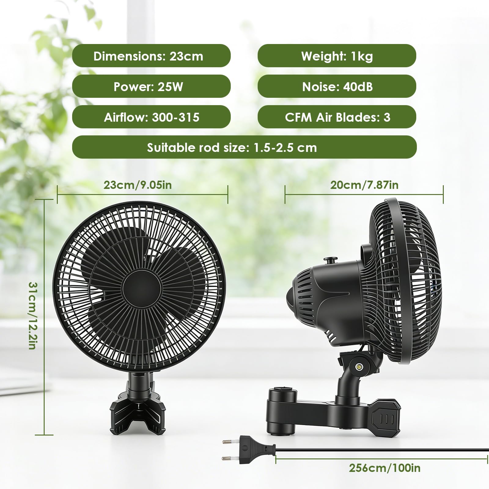 Grow Clip-Ventilator 25W, Oszillierender Klemmbar 22cm Durchmesser für Growzelt Growbox mit 1.5m langes Kabel, Oszillierender Lüfter mit Clip, 2 Geschwindigkeitsstufen