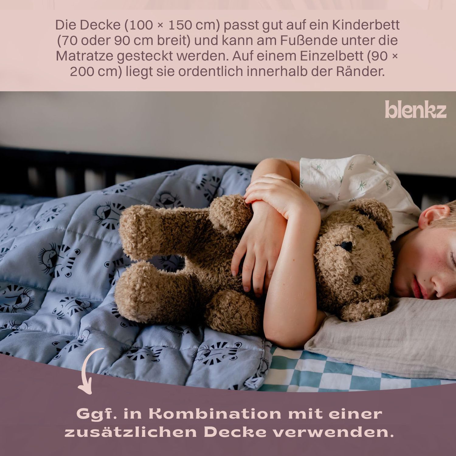 Gewichtsdecke Kinder 3,5 kg 100x150 cm Oeko-TEX Zertifiziert Baumwoll-Oberfläche Design Tigergesicht Blau