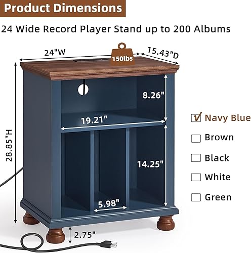 Miniatura 3 de Soporte para tocadiscos con estación de carga de hasta 200 álbumes, mesa de tocadiscos de mediados de siglo de 24 pulgadas de ancho con