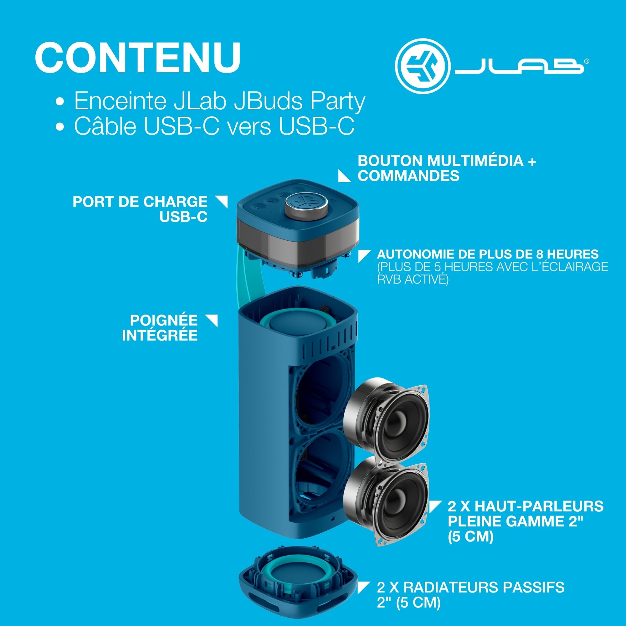 JLab JBuds Party Enceinte Bluetooth Portable - +12H, Bleu Marine