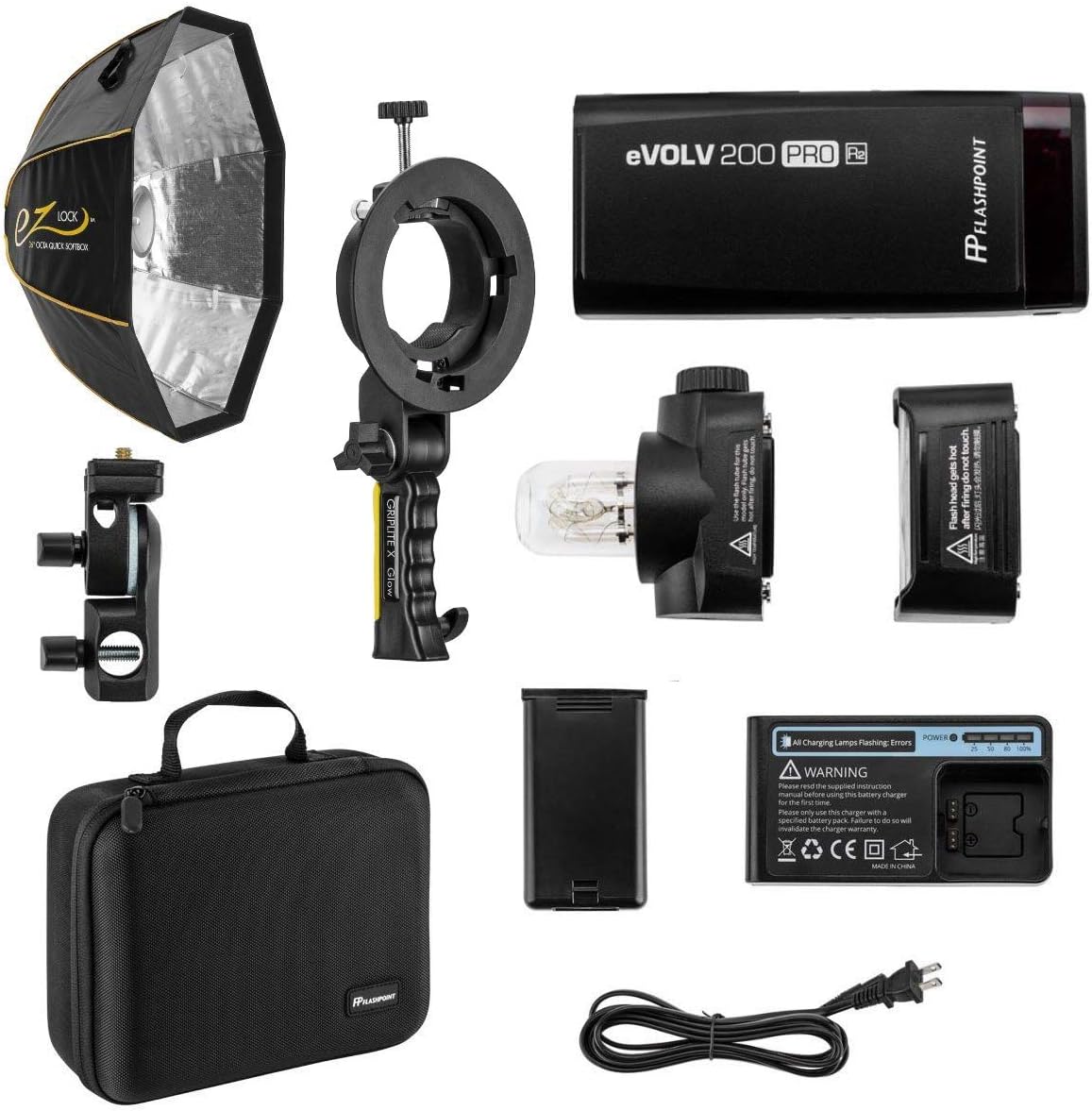Flashpoint eVOLV 200 Pro TTL Pocket Flash Kit - AD200 Pro, Glow EZ Lock Quick Octa Large Softbox with Bowens Mount (36in), Handheld Grip S-Type Bracket Bowens Mount Holder for Speedlite Flash Softbox