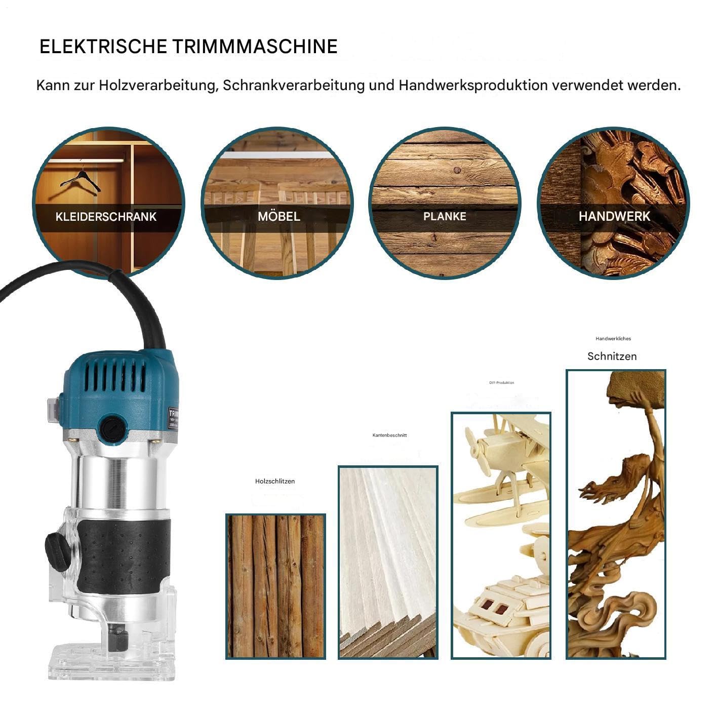 Fresa per bordi con una sola mano, fresa superiore, 800 W, 40000 giri/min, utensile elettrico con regolazione a 6 marce, set di frese da 15 pezzi (1/4") e guida di guida, fresatrice per legno per