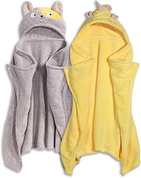 Toddler Towels with Hood, Toddler Bath Towel, 2 Pcs Coral Fleece Hooded Towel,Hooded Bath Towels with 1-3 Large Size 50 * 32 Inch Baby Towel Green&Grey Set