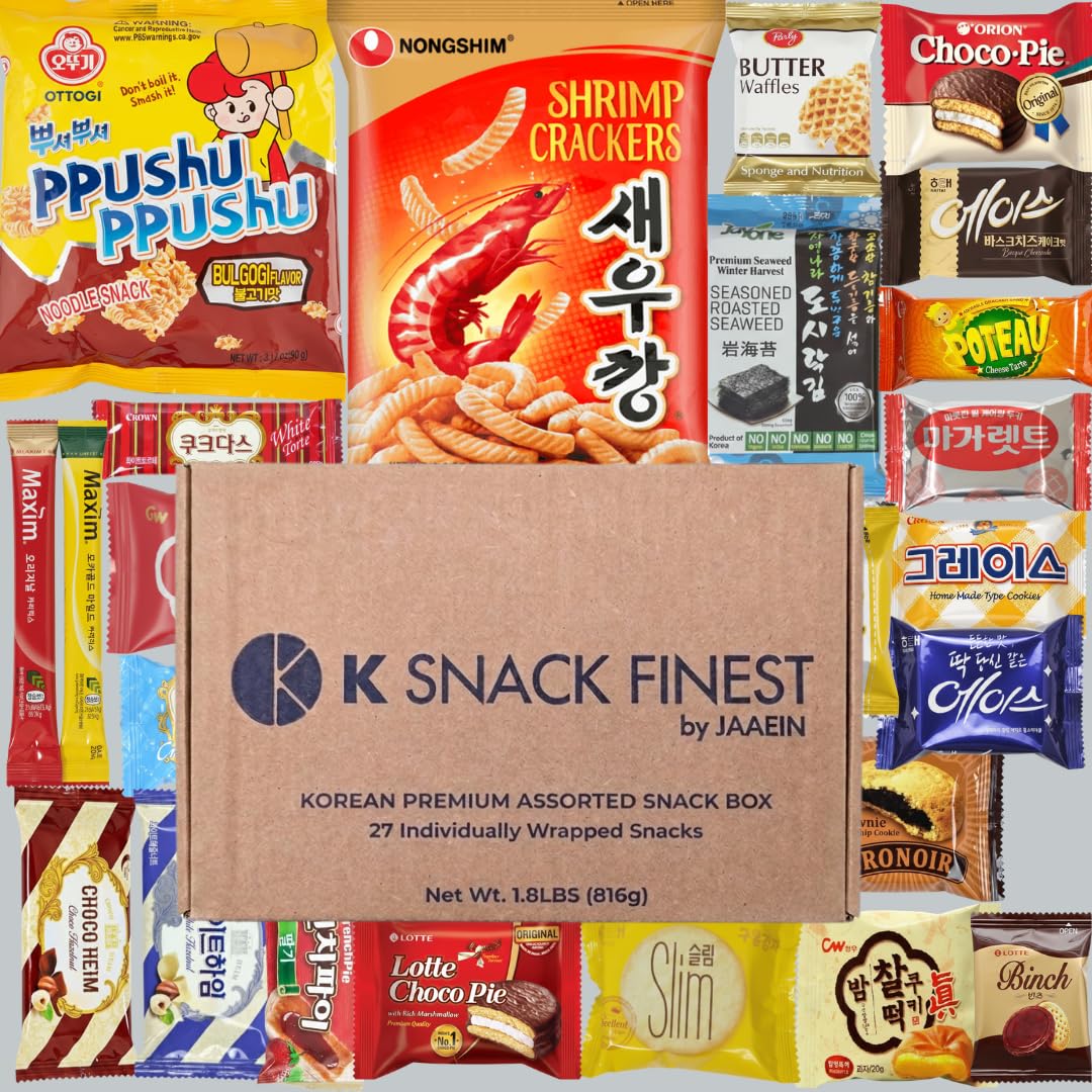 Premium Korean Snack Box – 27 Individually Wrapped Assorted Snacks Including Full-Size Items, Sweet & Savory Chips, Cookies & Treats, Gift Sampler for Kids, Teens, Adults & Seniors (Including 3 Full Size Snacks)