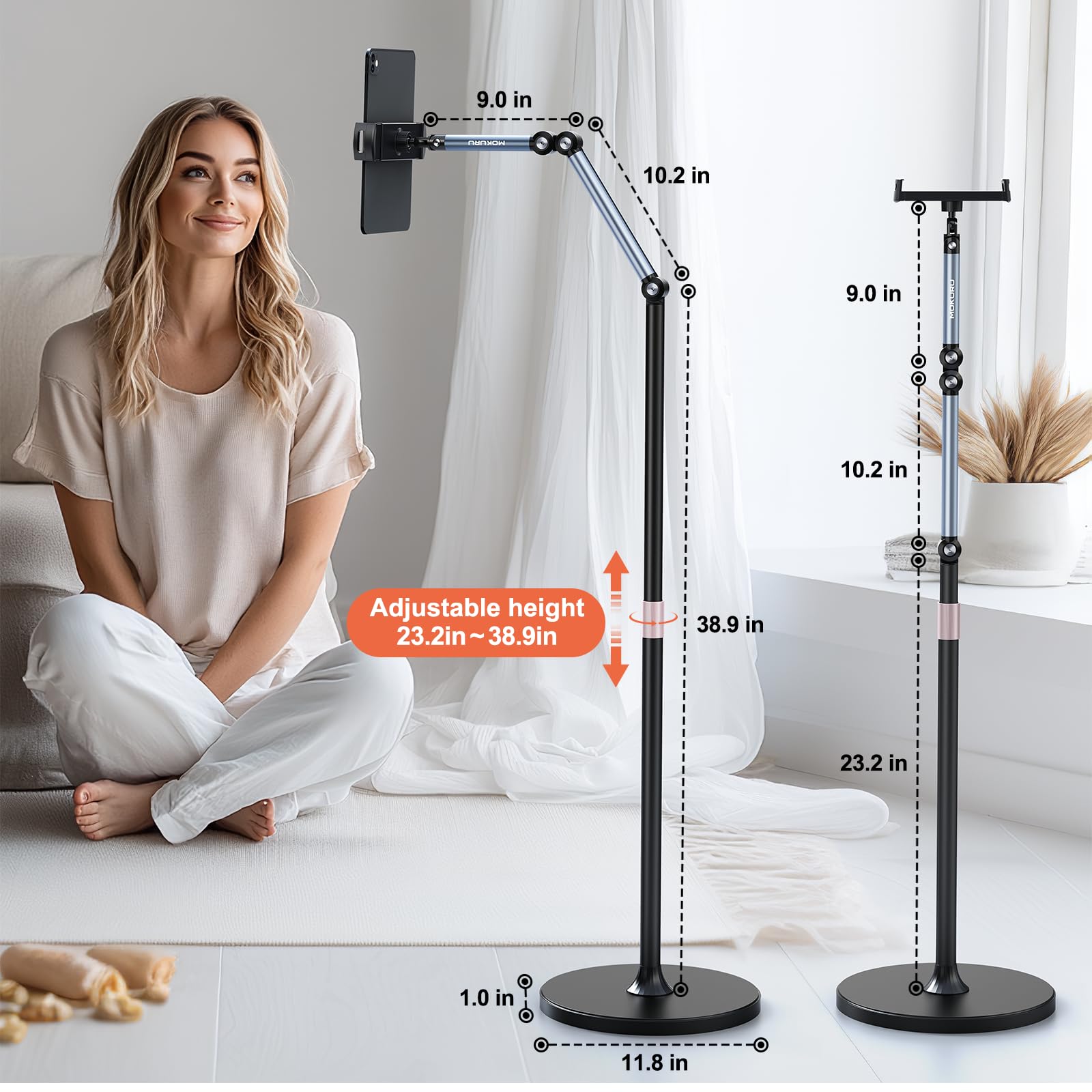 MOKURU Tablet-Bodenständer, verstellbarer Tablet-Ständer, 360° drehbarer Tablet-Halter, kompatibel mit iPad, iPhone, Samsung, Google, Kindle Tablet/Telefon, (11,4 cm - 32,9 cm)