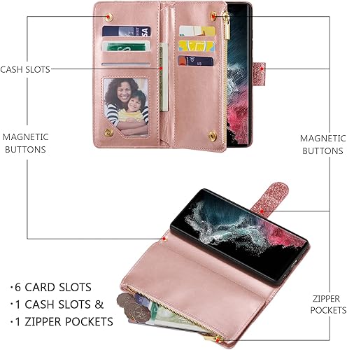 Miniatura 2 de UEEBAI Funda tipo cartera para Samsung Galaxy S22 Ultra 5G, con purpurina de piel sintética, cierre magnético, bolsillo con cremallera, soporte para