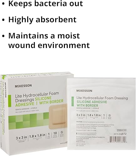 Miniatura 4 de McKesson Lite - Apósitos de espuma hidrocelular, estériles, adhesivo de silicona con borde, 3 x 3 pulgadas, 10 unidades, 1 paquete
