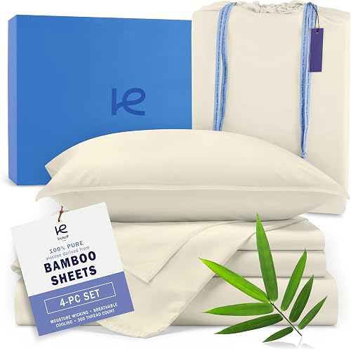 Kickoff Viscose Bamboo Sheets King Size 4-pc 100% Organic Bamboo Viscose Bed Cooling Sheets King Size Set Cool Bedding for hot Sleepers Sheet Set - Gift Ready Packaging (Buttercream,K)