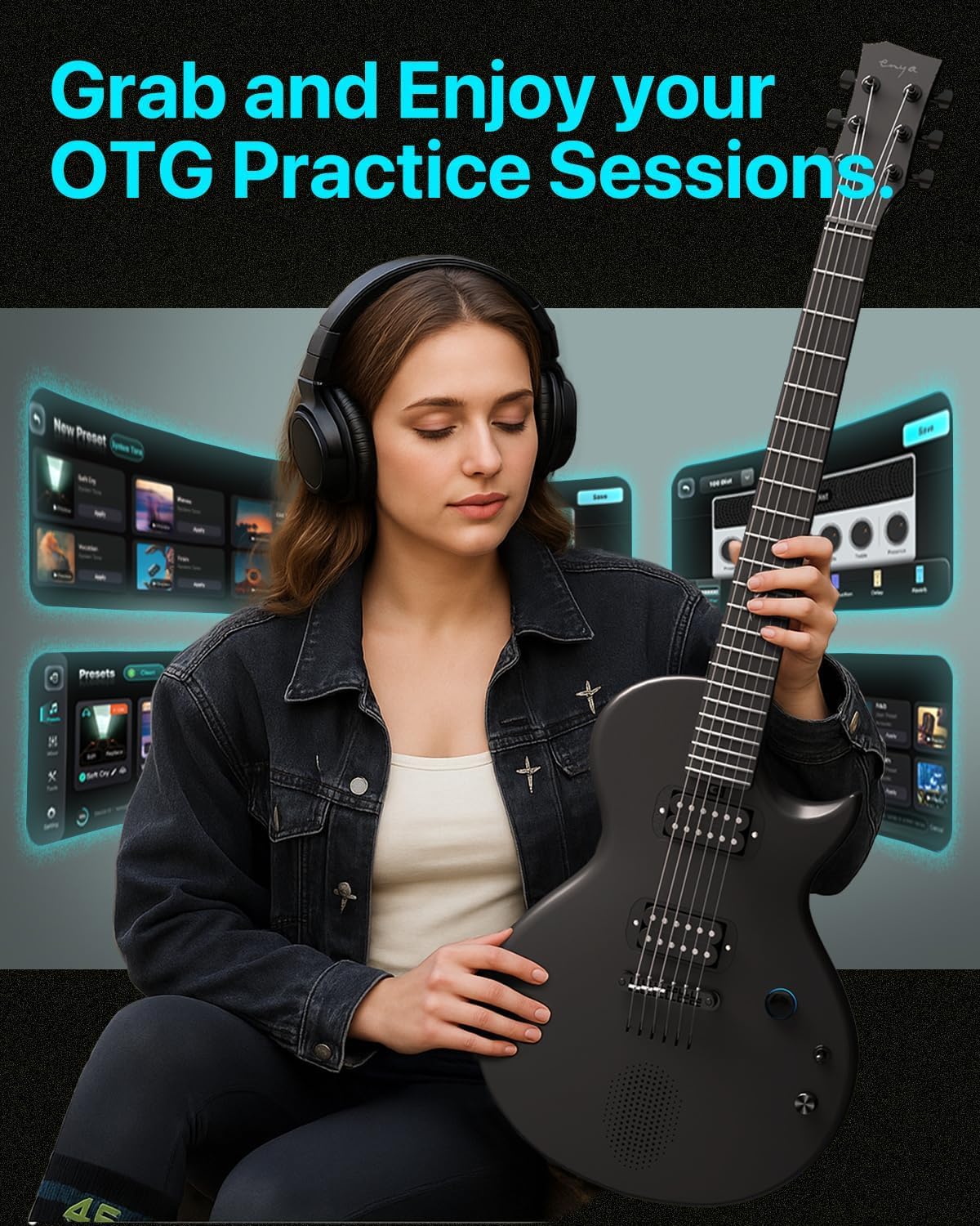 Chitarra Elettrica Enya Nova-Go Sonic - Chitarra Nera Intelligente in Fibra di Carbonio con Altoparlante Wireless da 10 W, Preimpostazioni Integrate, Cavo di Ricarica, Chiave di Regolazione