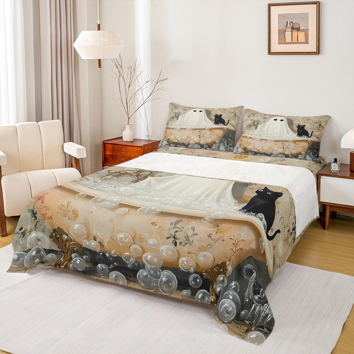 Parure de lit 3 pièces avec 1 drap plat et 1 taie d'oreiller – Motif chat amusant et rustique – Motif de chat amusant – Pour lit simple – Motif floral et bulles – Lit jumeau