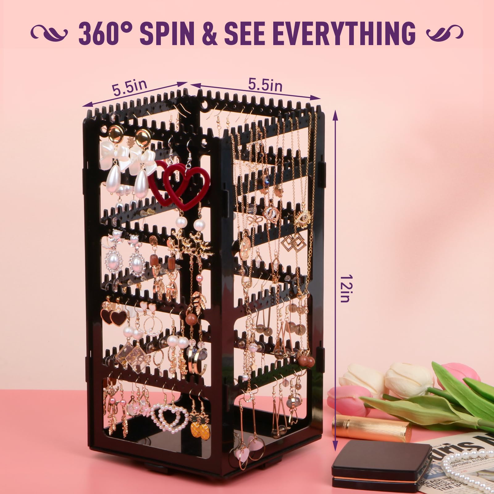 24Aug 360° Rotating Jewelry Organizer Stand with 5 Layers,Acrylic Earring Holder Organizer Stand,228 Holes & 232 Grooves for Studs,Dangly Earrings,Chains,Bracelets,Necklace