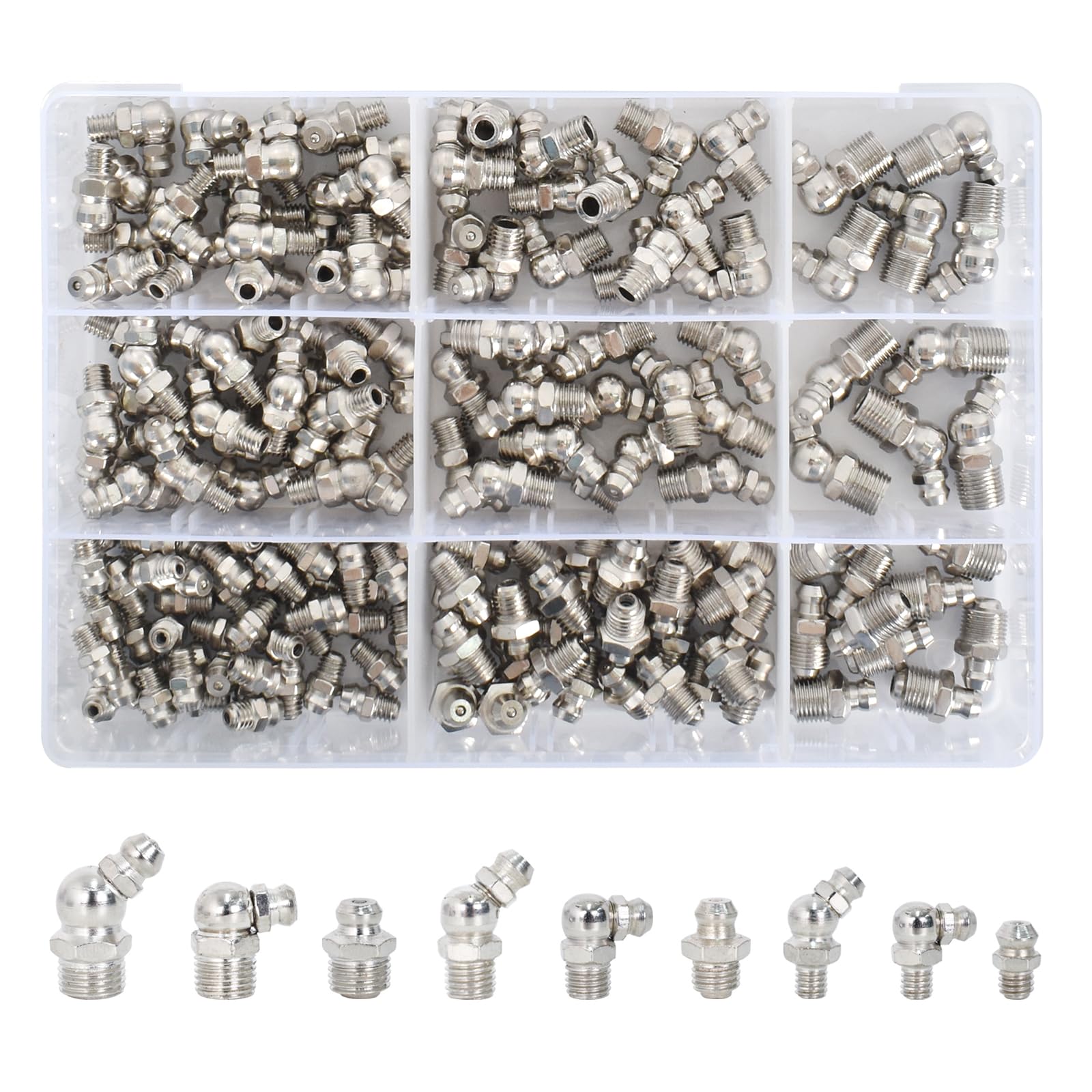 Zimoer 170 Piezas Boquillas de Engrase de Niquelado, Surtido de Engrasadores Boquillas de Engrase M6 M8 M10, Boquilla para Pistola de Engrase 45° 90° 180° con Caja, para Equipos Mecánicos