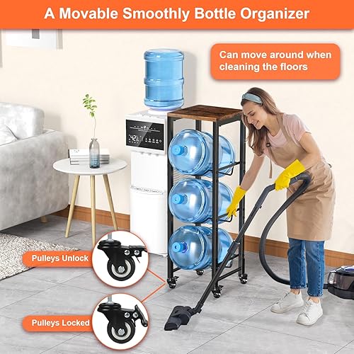 Vista 2 de 5 Gallon Water Bottle Jug Holder 3-Tier Water Bottle Holder Organizer with Lockable Casters Heavy Duty Water Storage Rack Water Dispenser Stand With