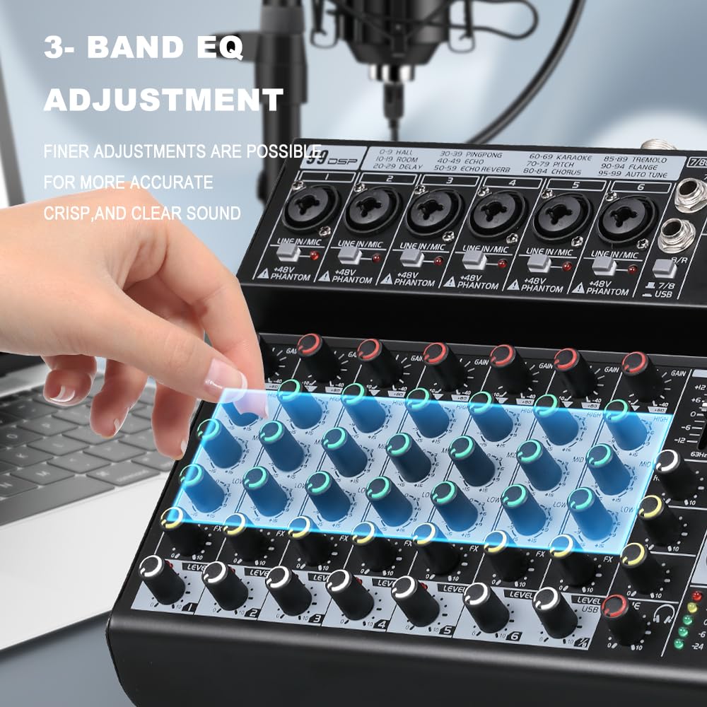 BOMGE Mixeur audio DJ professionnel à 8 canaux, mixeur sonore avec 99 effets DSP/égaliseur 7 bandes/clé USB/Bluetooth/ordinateur/fantôme 48 V pour enregistrement sur PC, karaoké, studio de streaming