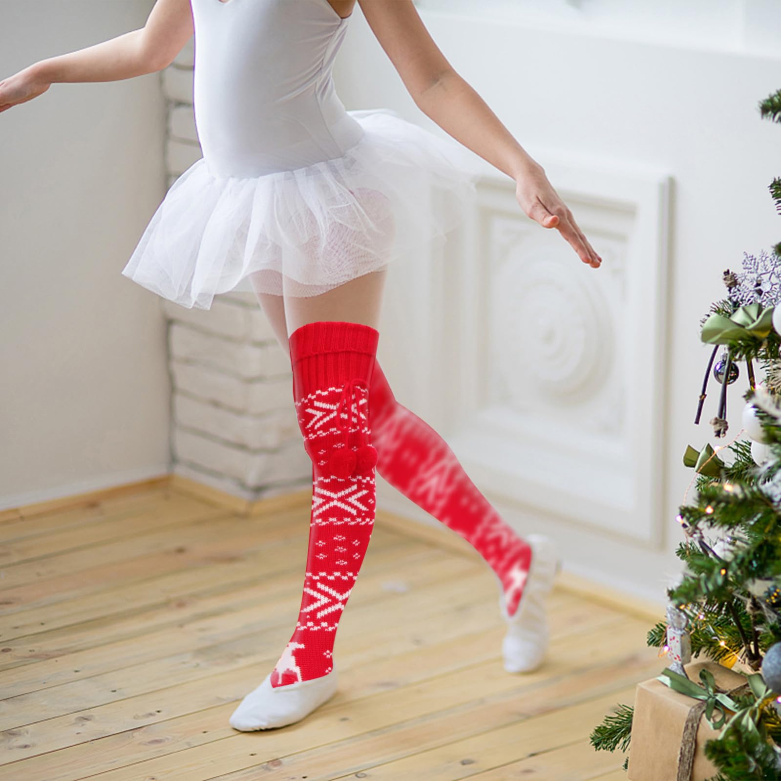Didiseaon 2 Paia Calzini Natalizi Accessori Per Invernali Calze Sopra Il Ginocchio Fiocchi Di Neve Calzini Da Donna in Cotone Cervo Grigio Borsa Da Festa Ragazzina Acrilico Antiscivolo