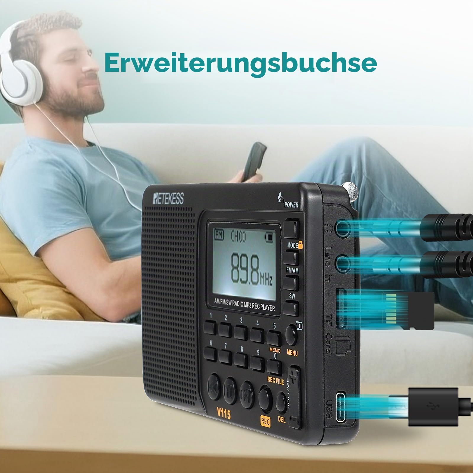 Retekess V115 Tragbares Digitales Radio,Petite Radio Rechargeable,Radio AM FM SW,1000mAh Wiederaufladbare,100 Stationsspeicher,3 Aufzeichnungsmodus,für Familie,Outdoor,Garten(Noir)