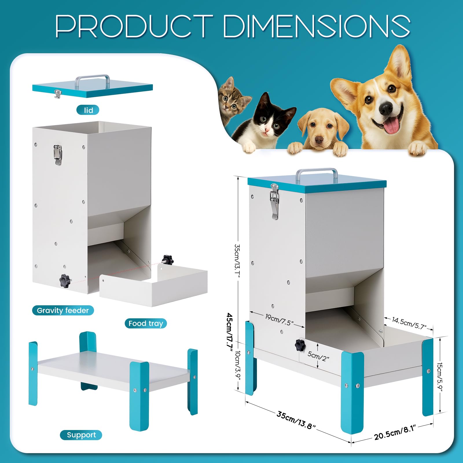 comedero automático para perros de gato, máquina automática de alimentación de mascotas de acero inoxidable para perros y gatos, alimentador de metal por gravedad con tapa y soporte para