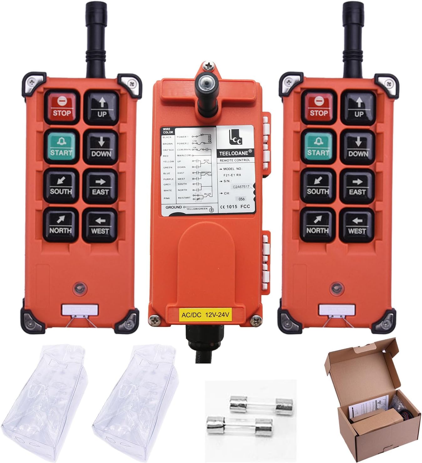 Industrial Wireless Crane Remote Control kit F21-E1B 8 Button 12v 24v Electric Lift Hoist Overhead Tower Bridge Radio Switch Receiver (2 Transmitters + DC 12V Receiver)