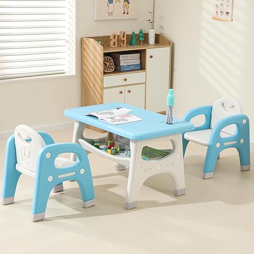 Hulaibit Juego de mesa y 2 sillas para niños, juego de mesa y sillas para niños pequeños con estante de almacenamiento integrado grande, mesa de