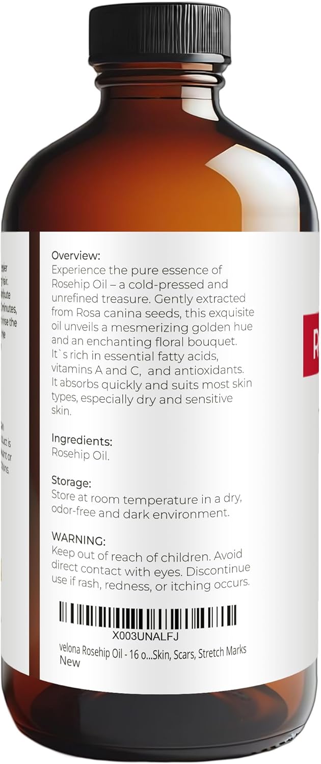 velona Rosehip Oil - 16 Fl Oz in Glass Bottle | 100% Pure and Natural Carrier Oil| Unrefined, Cold Pressed, Hexane Free | Moisturizing Face, Hair, Body, Skin Care, Stretch Marks, Scars… - Image 3