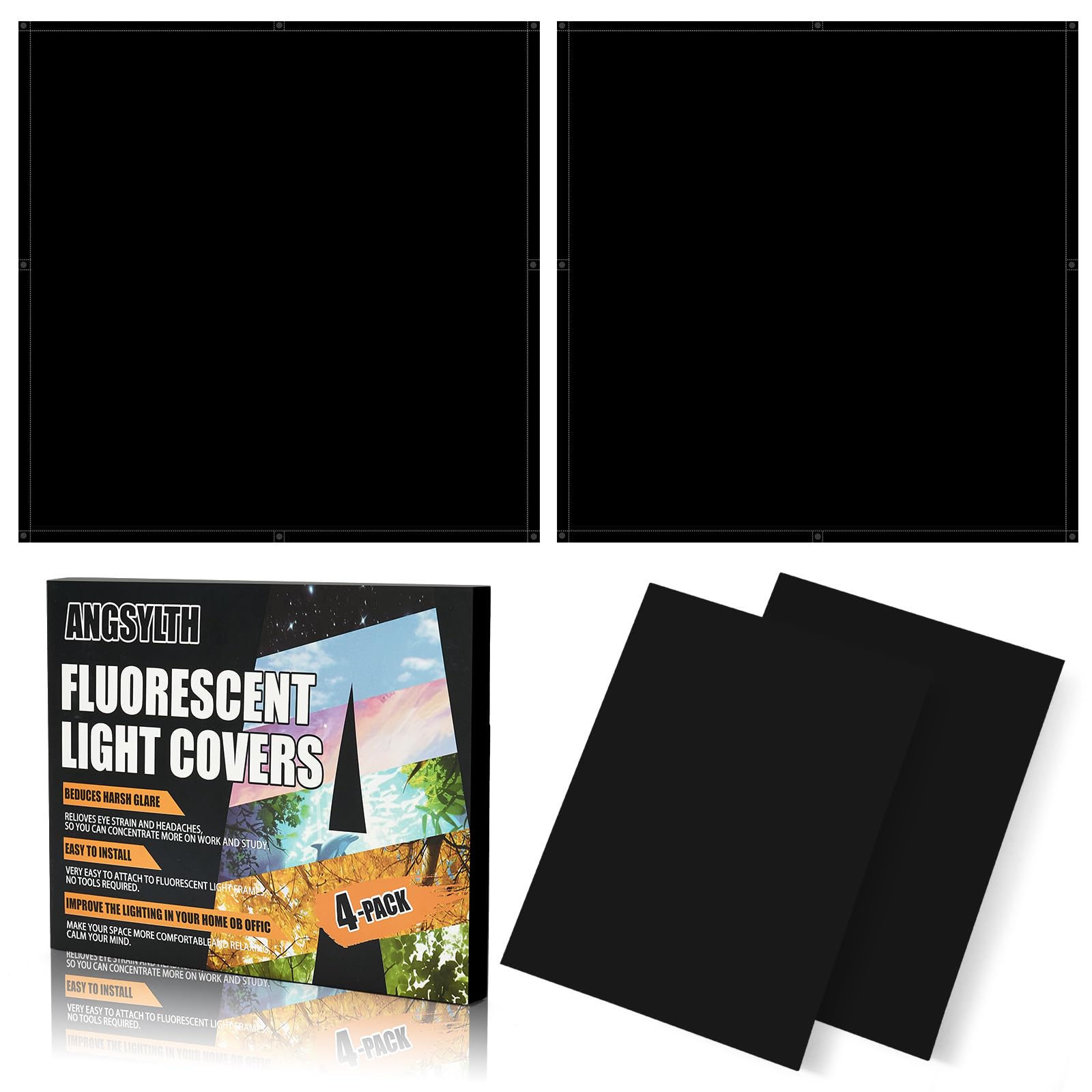 ANGSYLTH 4 Pcs 2x2 Feet Fluorescent Ceiling Light Covers | Magnetic Light Covers for Classroom, Office, Hospitals, Home (Black)