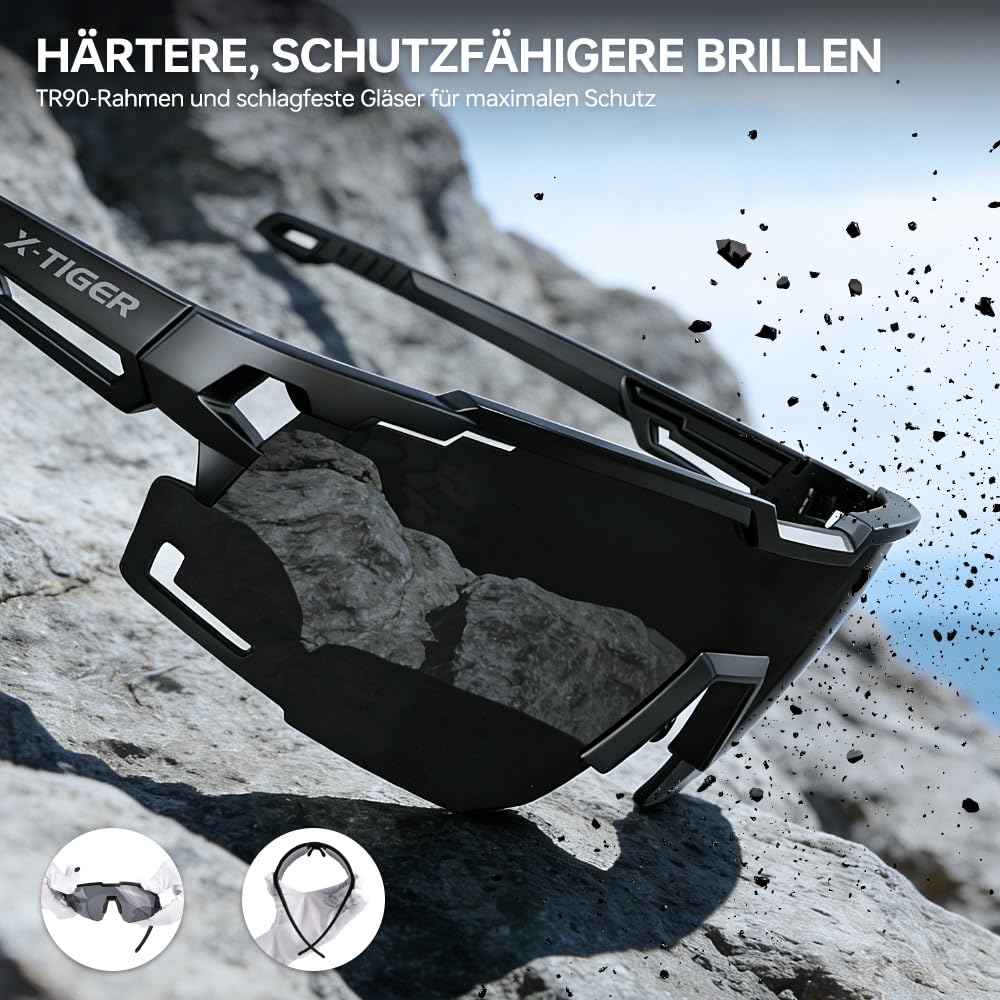 X-TIGER Schnelle Brille Herren, Damen Fahrradbrille Ultra-Leichter TR90 Rahmen, UV400 Schutz polarisierte Sportbrille mit verstellbarem Nasenpad und Ohrhaken für Laufen/Fahrrad/Angeln