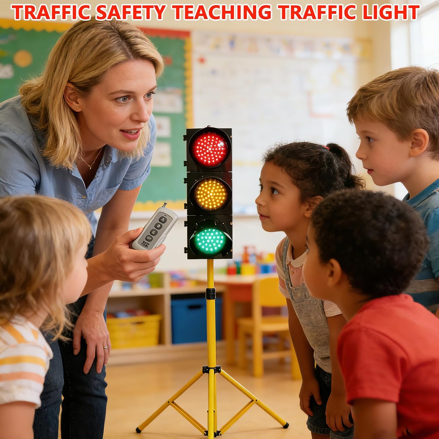 Floor Traffic Light with Remote Control, 3-Color Stop Light for Classroom & Traffic Safety Teaching, Temporary Road Traffic Light Lamp 200-Type