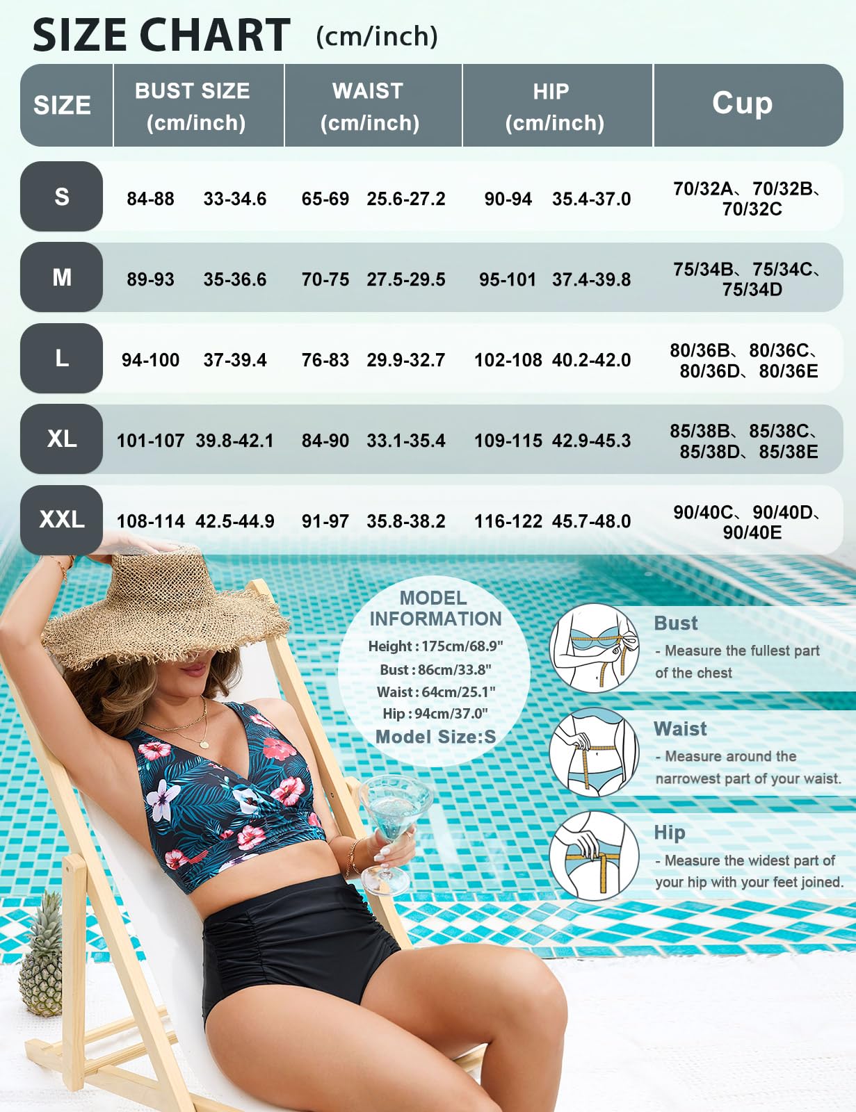 Svanco Maillots de Bain Femme Deux Pièces Gainant Ventre Plat Taille Haute Ensembles avec Attaches Bikini Set Push Up Col V Élégant
