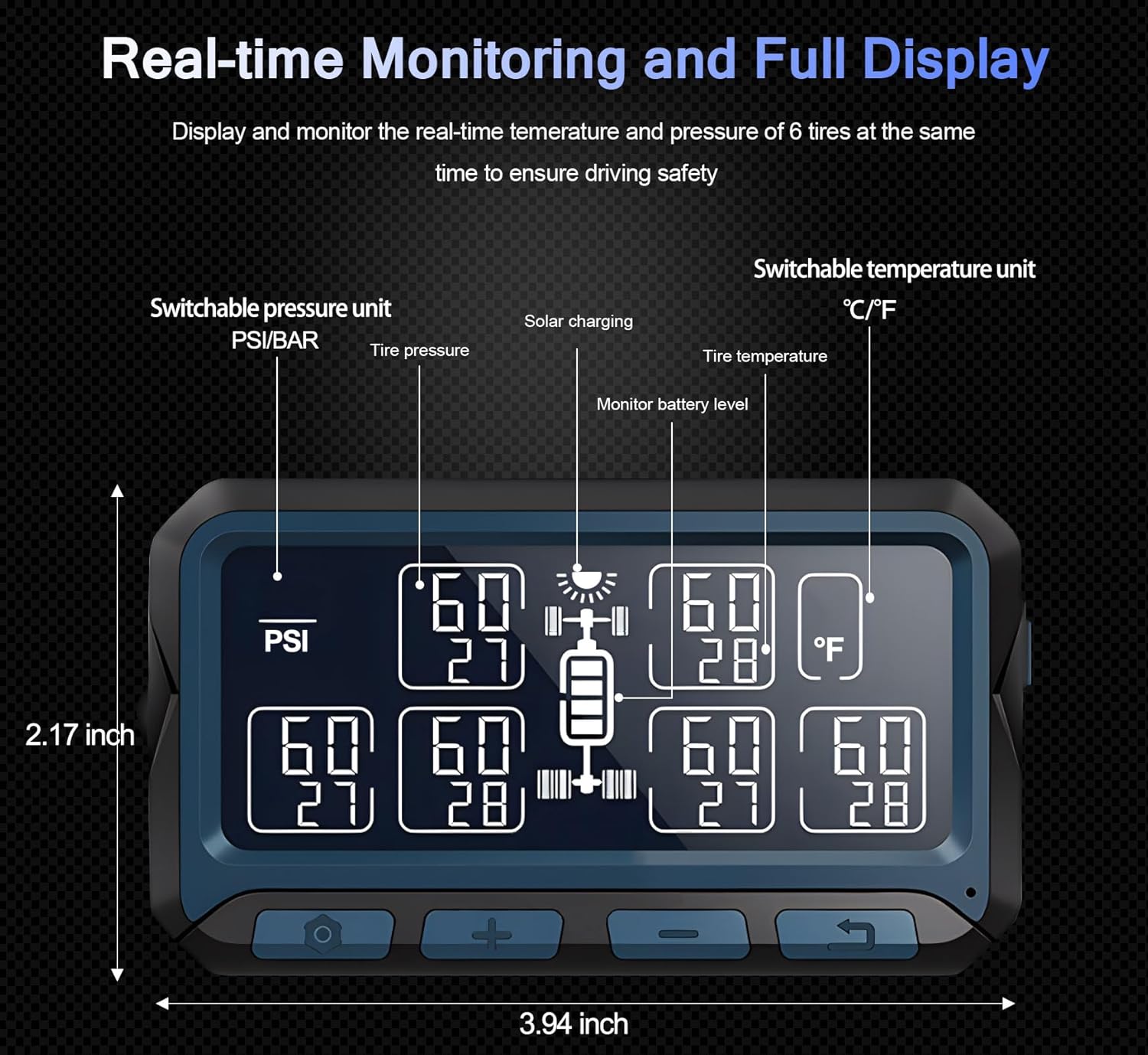 B-Qtech RV Tire Pressure Monitoring System Trailer Solar TPMS with 6 External Sensors & Signal Repeater, 3.3inch LCD Screen Brightness Adjustable 7 Alert Modes Real Time Display Press Temp (0-199PSI)